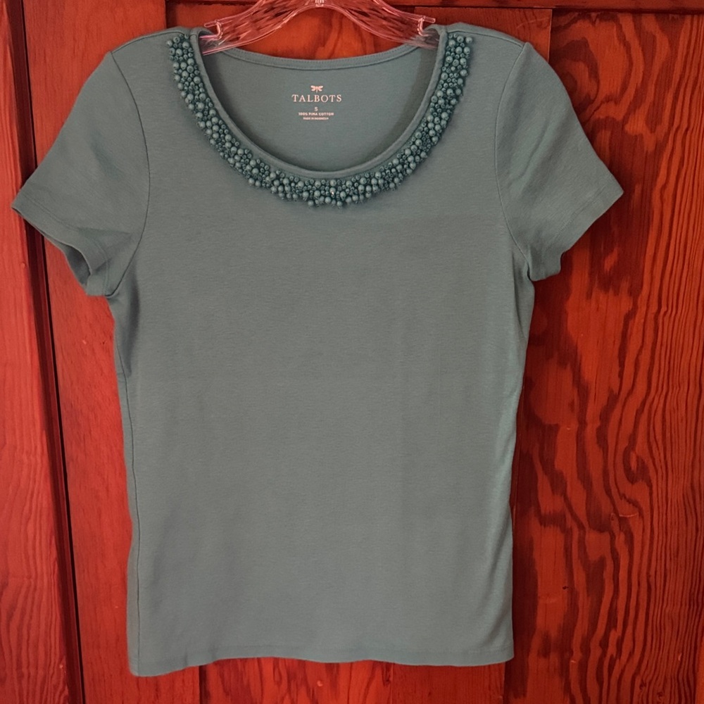 Talbots Turquoise Beaded Neckline Short Sleeve Top